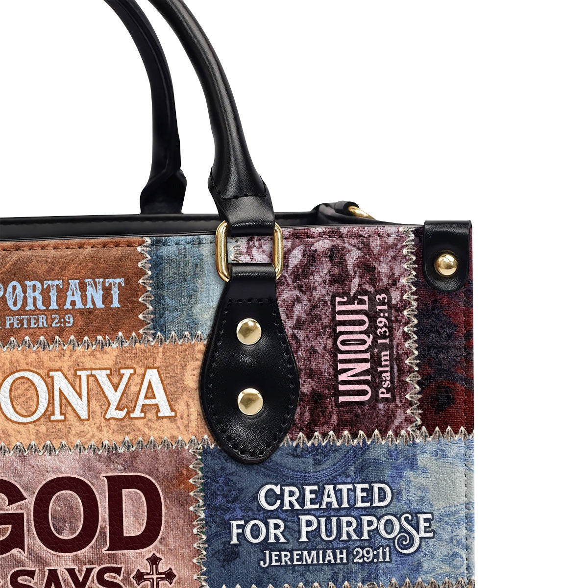 Personalized Christian Leather Handbag, God Says I Am Patchwork Scripture Handbag, Custom Name Religious Gift for Women BLAF22